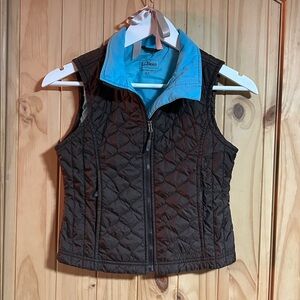L.L. Bean Dark Brown Quilted Vest with Light Blue Collar